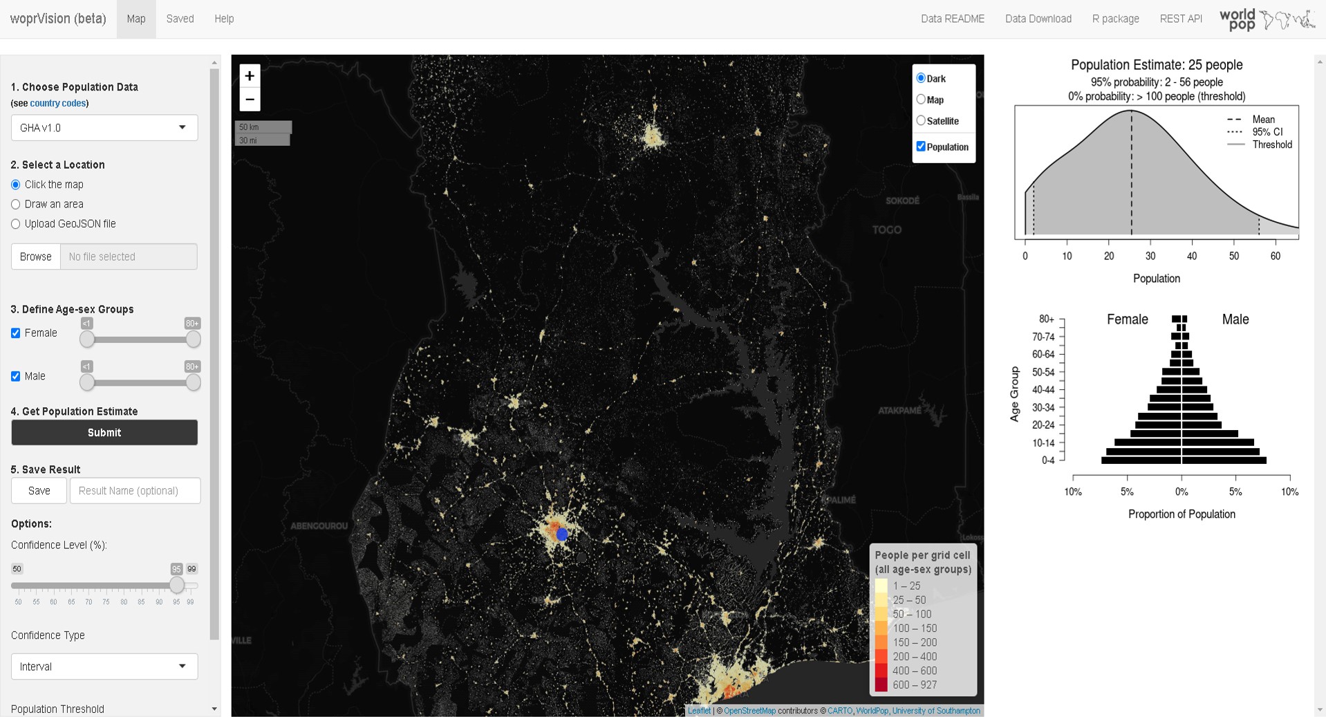 woprVision web application providing access to posterior predictions on an interactive web map (https://apps.worldpop.org/woprVision; select data 'GHA v1.0').