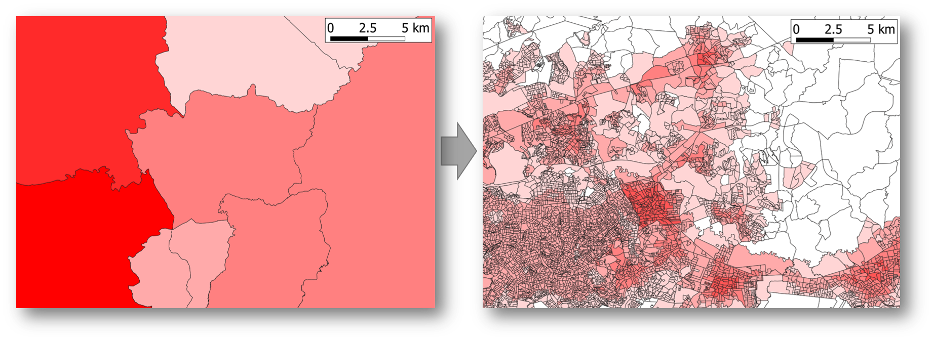 Census-based population totals for municipalities (left) that have been disaggregated into population estimates for enumeration areas (right) east of Sao Paulo, Brazil. Darker red corresponds to more people.