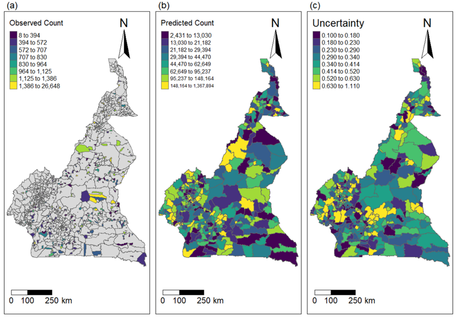 Spatial distribution of the observed counts, predicted counts and the uncertainty across Admin level 3 in Cameroon. Uncertainty = (Upper - Lower)/Mean.