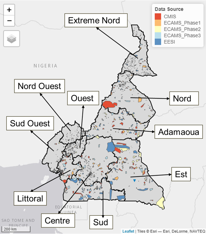 Map of Cameroon showing the distribution of the 2290 Enumerations Areas (EAs) observed within the 5 household listing datasets. CMIS - Cameroon Malaria Indicator Survey (CMIS 2022); ECAMS_Phase1-The 2021/2022 fifth Cameroon Households Survey phases 1;  ECAMS_Phase2-The 2021/2022 fifth Cameroon Households Survey phases 2;  ECAMS_Phase3-The 2021/2022 fifth Cameroon Households Survey phases 3;  EESI - Employment and Informal Sector Survey.