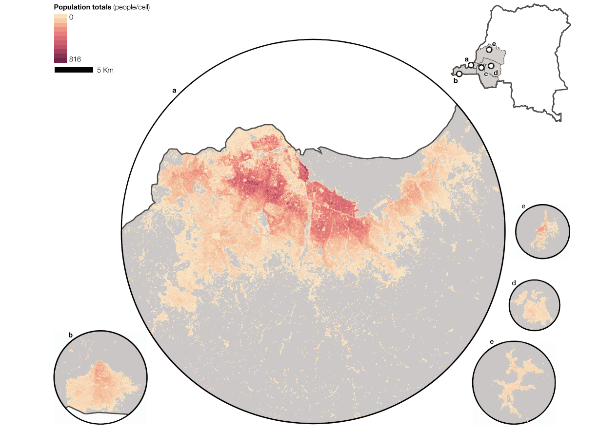 Gridded population estimates in selected cities. Estimated population totals (people/cell) in the capital cities of the provinces of (**a**) Kinshasa (Kinshasa), (**b**) Kongo Central (Matadi), (**c**) Kwango (Kenge), (**d**) Kwilu (Bandundu), and (**e**) Mai-Ndombe (Inongo). The estimates represent the mean of the posterior distribution (n = 10,000). The map of the DRC shows the extent of the five provinces defining the study region in gray.