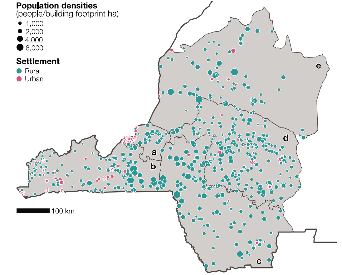 Microcensus clusters location and associated population densities. Observed population densities (people/building footprint ha) across the microcensus clusters (n = 905 clusters) in the provinces of (**a**) Kinshasa (n = 26 rural and n =254 urban clusters), (**b**) Kongo Central (n = 113 rural and n = 109 urban clusters), (**c**) Kwango (n =111 rural and n =6 urban clusters), (**d**) Kwilu (n = 182 rural and n = 23 urban clusters), and (**e**) Mai-Ndombe (n= 69 rural and n = 12 urban clusters). The microcensus clusters are classified according to the settlement type (urban in pink and rural in turquoise).