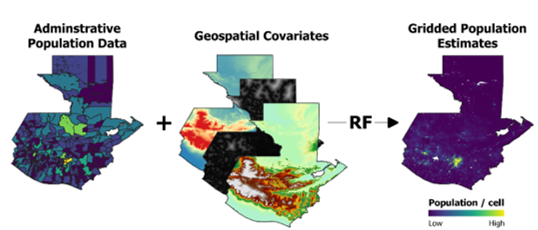 Schematic overview of the approach to generate gridded population estimates using the random forest (RF) model. For illustrative purposes, only a reduced set of considered covariates are shown here.