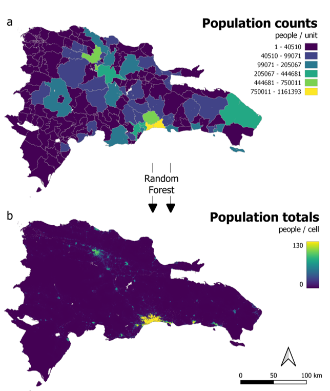 Population distribution in Dominican Republic, 2020. a) input count data at ‘finest-available’ administrative unit level, b) modelling outputs following random forest fitting at 3 arc second resolution (approximately 100m at the equator), RF model fitted according to Scenario 6 (Fig 7).