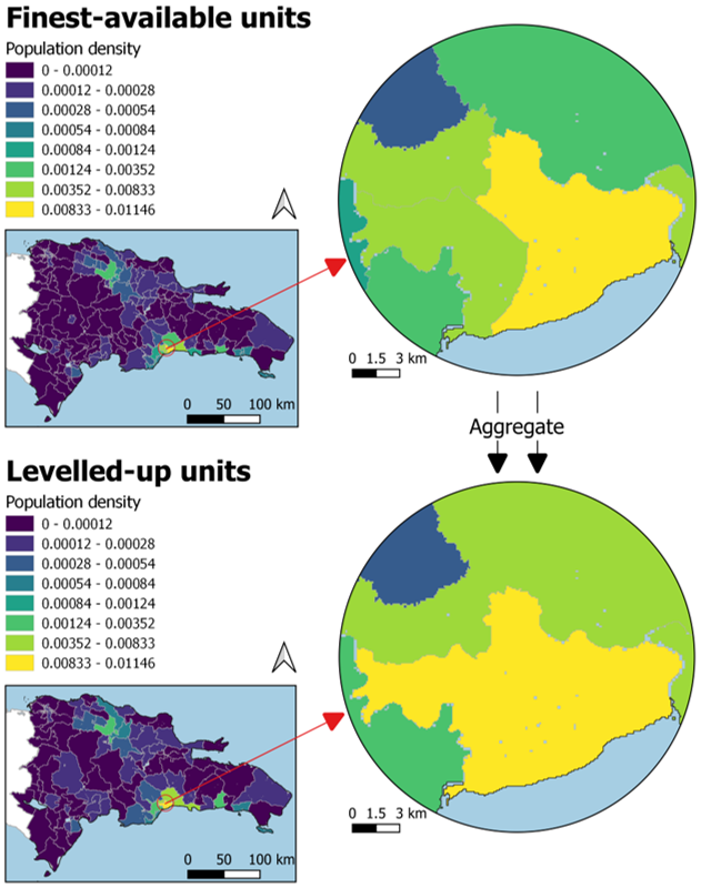 Comparison of ‘finest-available’, and the ‘levelled-up’ administrative units for Dominican Republic, 2020. ‘Finest-available’ units generated via aggregation of contiguous units.