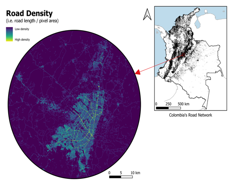 Road density in Bogotá, Colombia (3 arc second resolution)