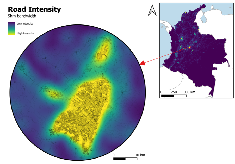 Road intensity (5km bandwidth) in Bogotá, Colombia (3 arc second resolution).