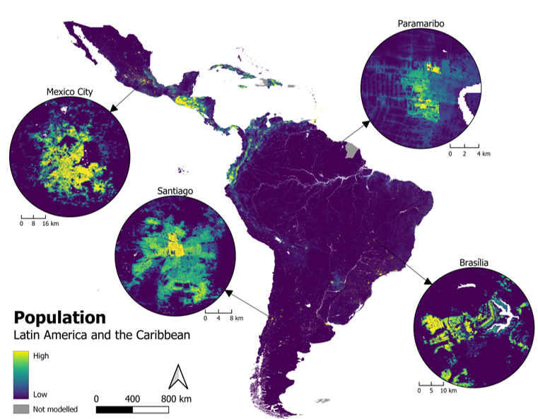 Estimated people per grid cell for 40 countries in Latin America and the Caribbean. Fitted using all base covariates including built area layers (for specific years fig 2).