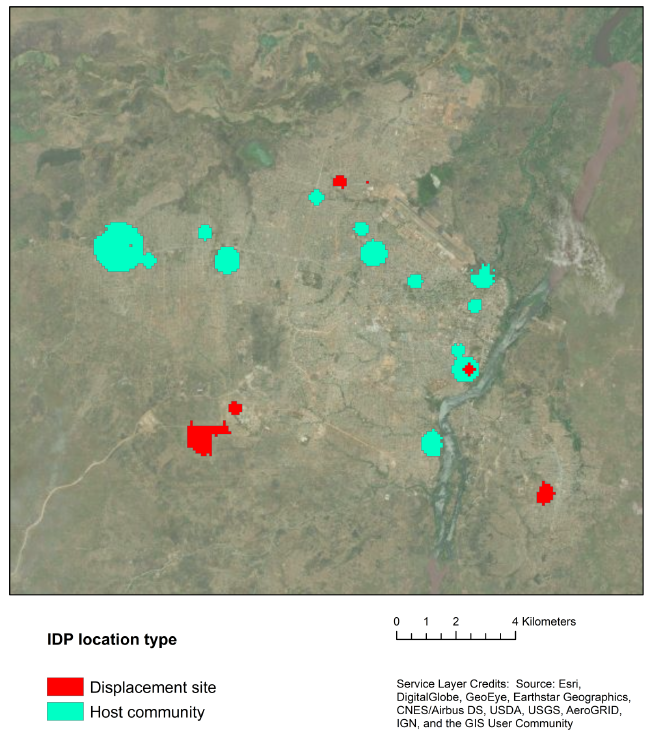 Mapped spatial extents of IDP populations across Juba derived using reported point locations and estimates IDP counts as of September 2020 [@IOM_SSD2] and building footprint [@EcopiaAI_SSD].