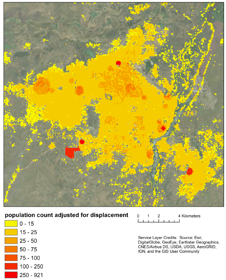 Final grid cell level population counts accounting for displacement across Juba. The highest population counts (red) can been seen in areas where ‘displacement sites’ are located and relatively high population counts (dark orange) in areas where IDPs are present in host communities.