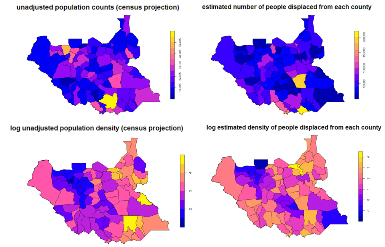 Distribution of county level counts in absolute numbers (top plots) and log densities (bottom plots). In this study we used the United Nations Office for the Coordination of Humanitarian Affairs (OCHA) operational administrative level 2 boundaries (counties) dataset [@OCHA], as shown here.