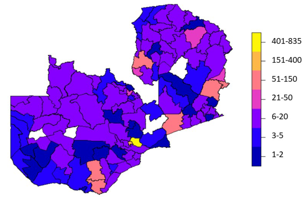 Number of survey clusters per district included in the population modelling. Four districts out of 116 districts of Zambia had no clusters (white). The total number of clusters was 2,605. Note, these are not official government boundaries. The production of this boundaries dataset was facilitated by GRID3 in collaboration with the Government of Zambia (Ministry of Lands, Ministry of Local Government, Zambia Statistics Agency, Electoral Commission of Zambia).