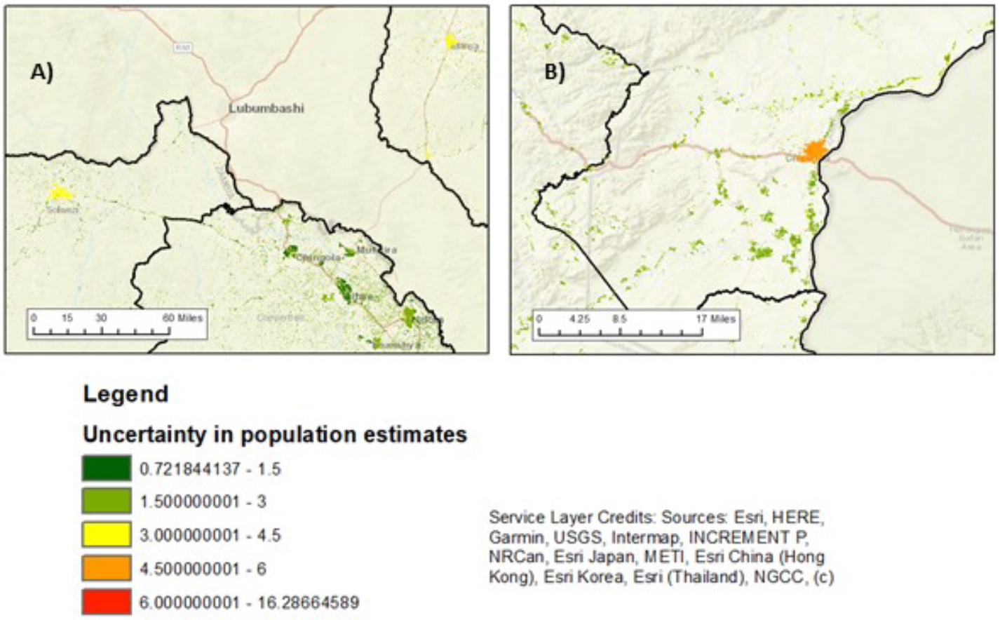 Areas of high uncertainty in the modelled population estimates. A) shows relatively high uncertainty for Solwezi (North-Western) and Mansa (Luapula), compared to other urban centres in Copperbelt. B) shows high uncertainty levels in Chirundu’s population estimates.