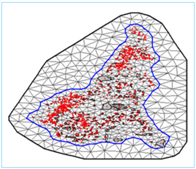 The Delaunay Triangulation of a Sample Mesh used for the INLA-SPDE implementation. The red points are the centroids of the spatial units.