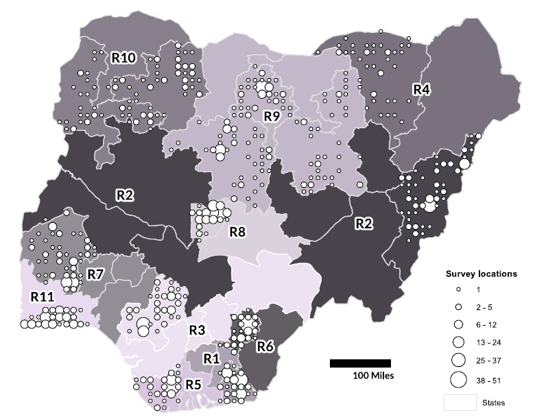 Microcensus surveys mapped as the number of survey locations within a 20km grid cell. Region groupings are shaded and numbered R1 - R11. Source: Leasure et al. (2020).