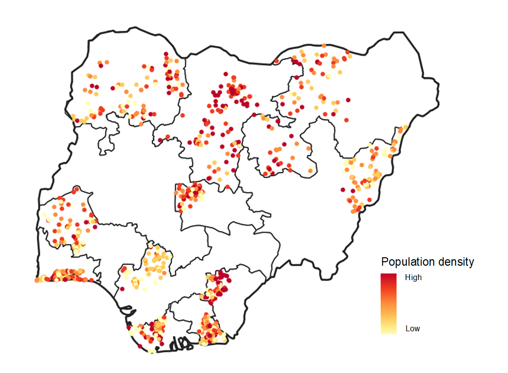 Map of survey site population densities overlaid with Nigeria region boundaries