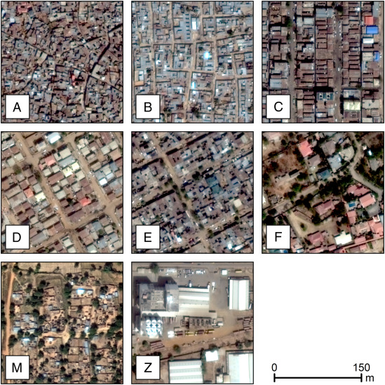 Exemplars of the urban residential (A–F), rural residential (M), and non-residential (Z) types for Kano and Kaduna states, Nigeria, from Weber et al (2018)