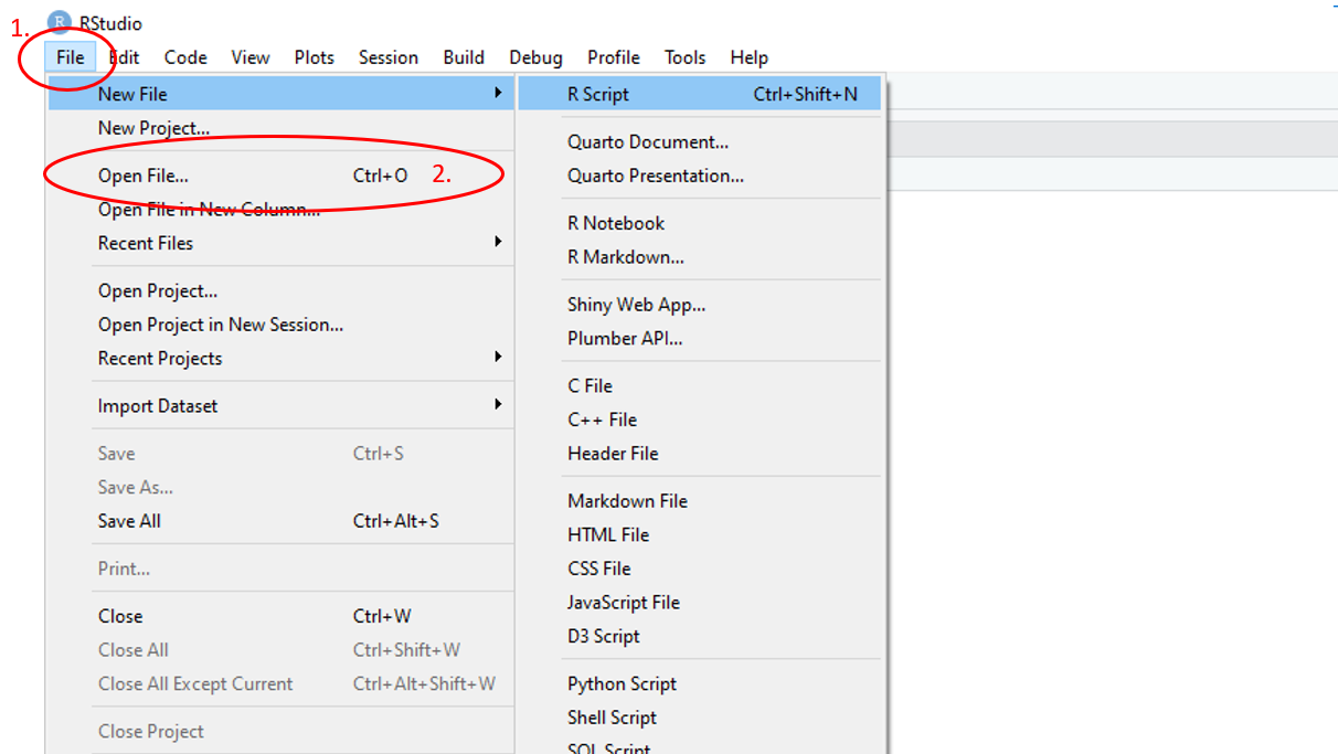 Annotated RStudio GUI: Open script