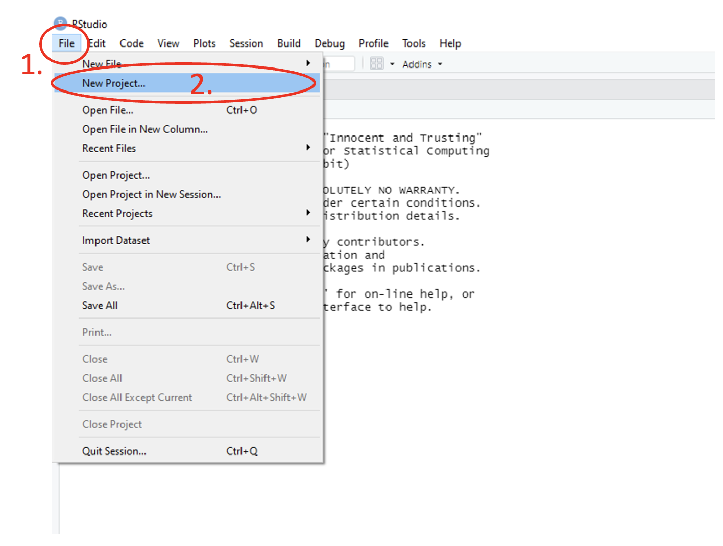 Annotated RStudio GUI: Create project