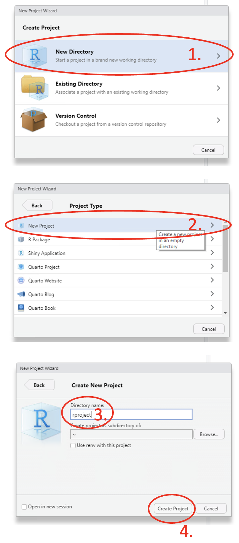Annotated RStudio GUI: Create project
