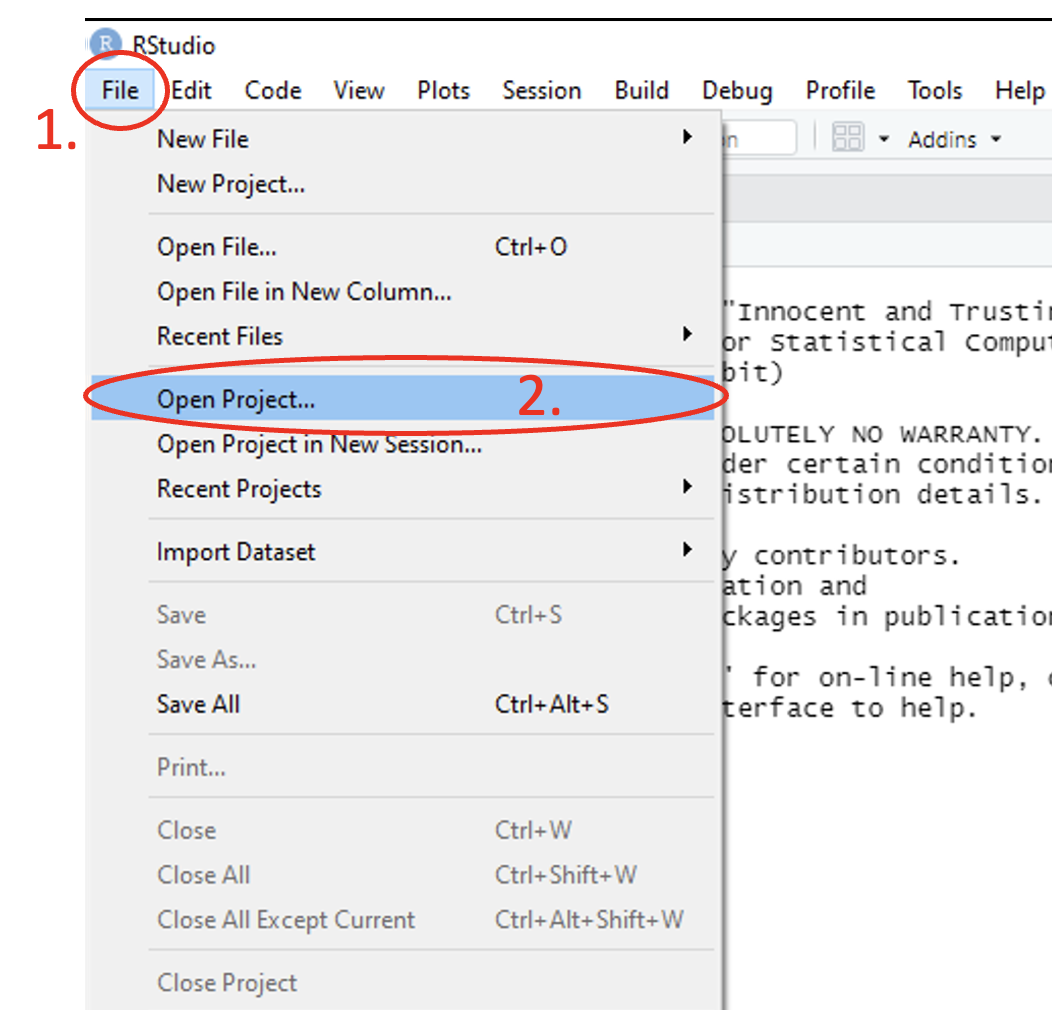 Annotated RStudio GUI: Open project