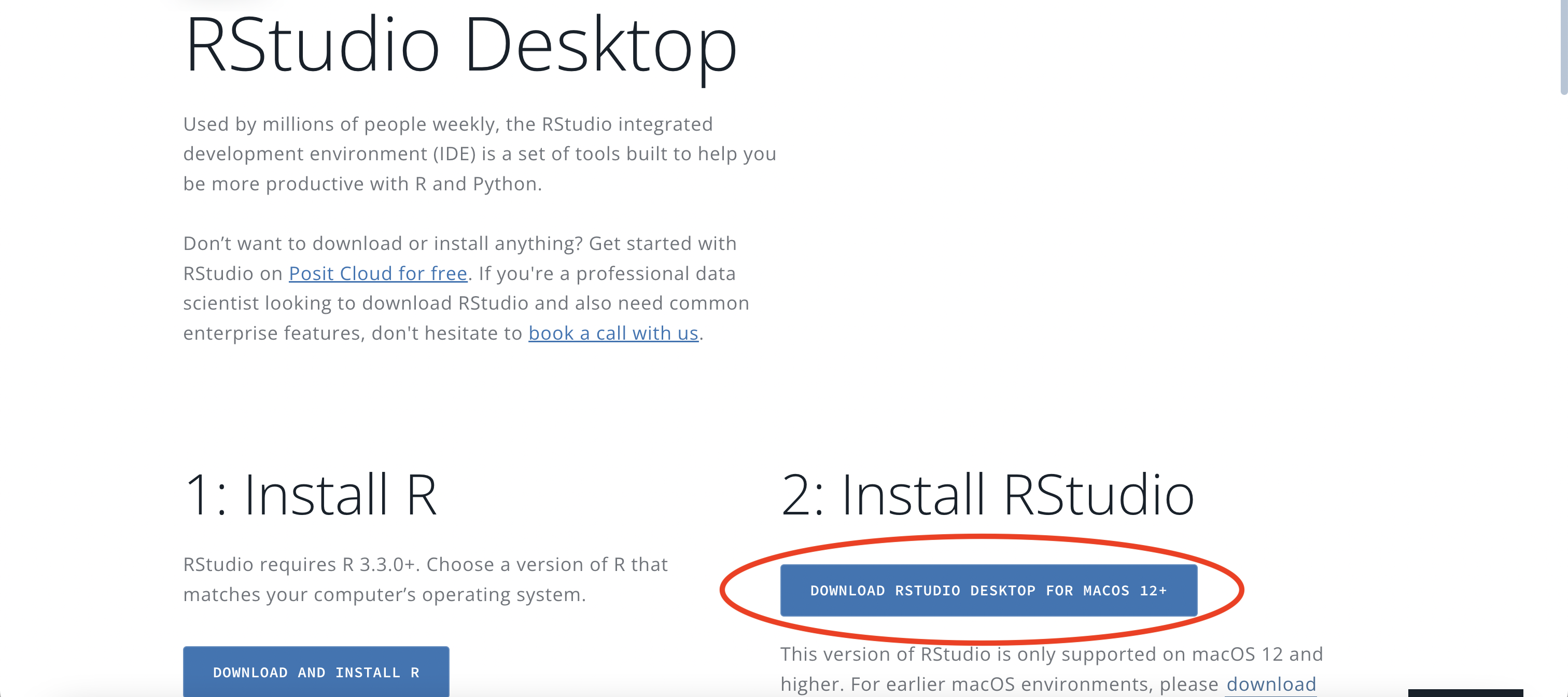 RStudio download webpage: macOS
