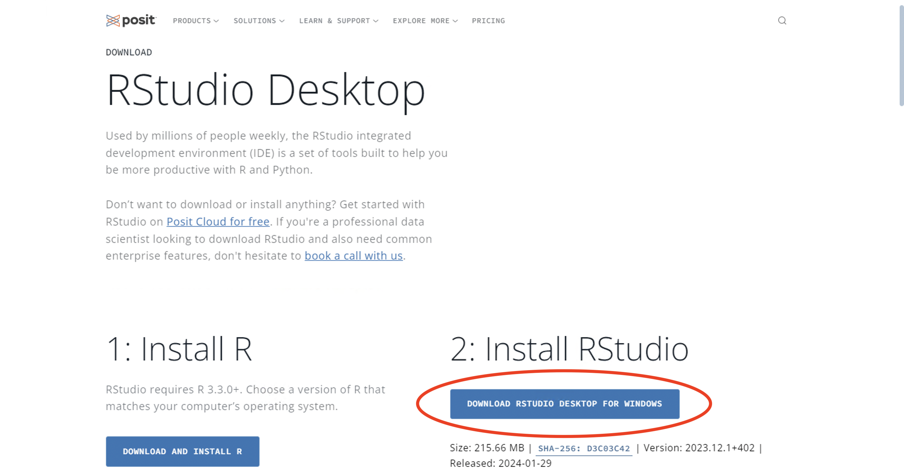 RStudio download webpage: Windows