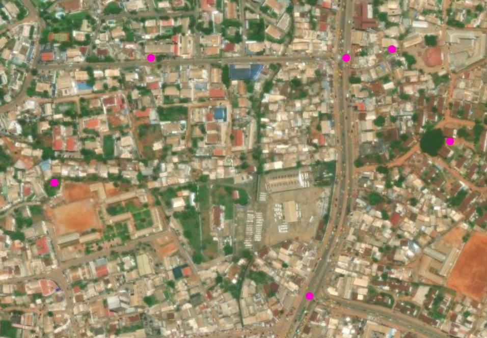 Points representing named places in pink
