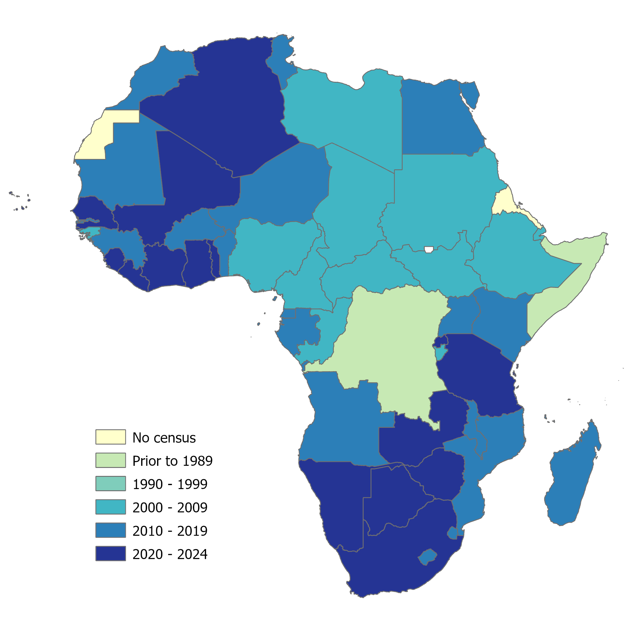 Map of Africa illustrating scarcity of up-to-date census data (data correct as of December 2024)